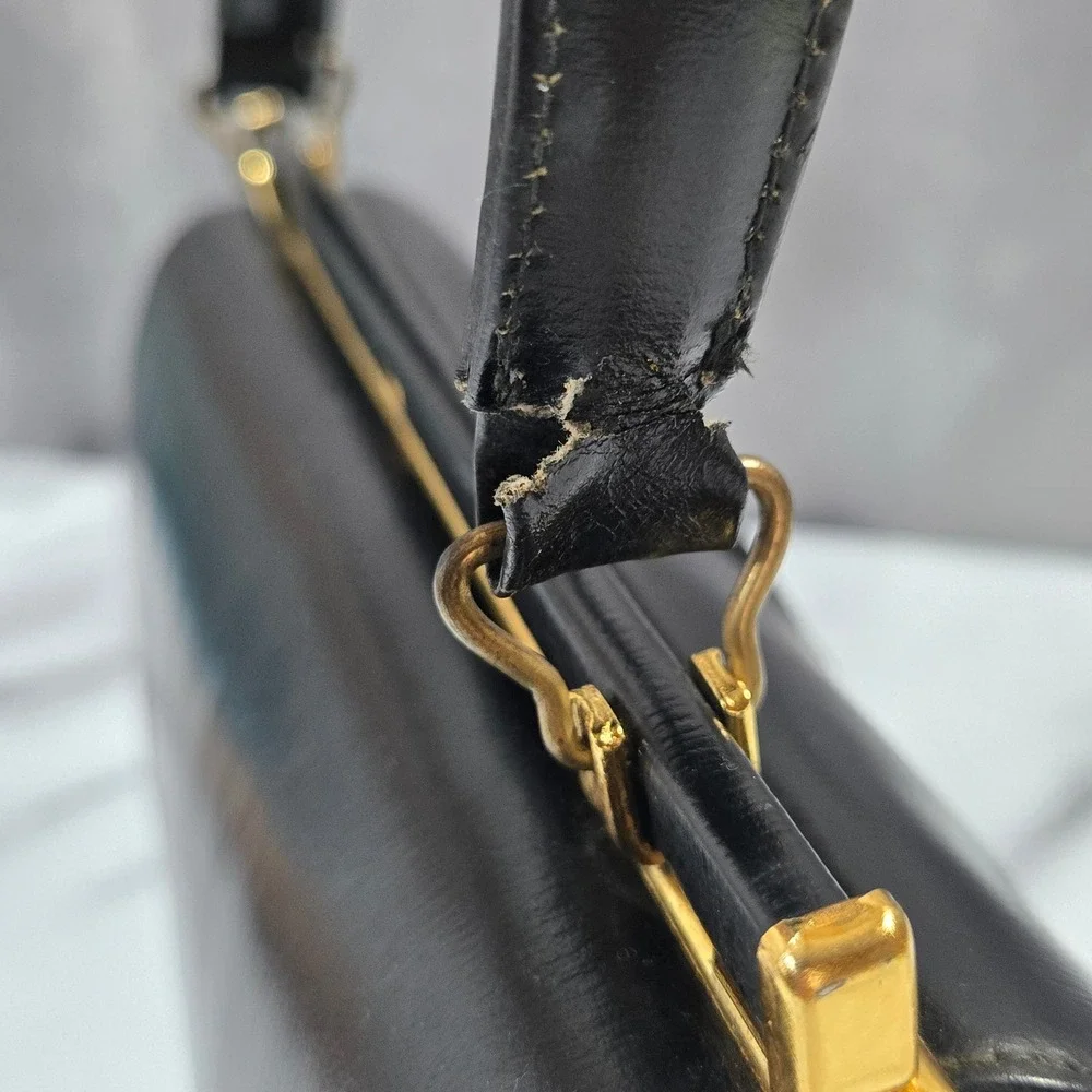 VTg 50s 60s Black Leather Kelly Frame Handbag Top Handle Purse Canada Mad Men